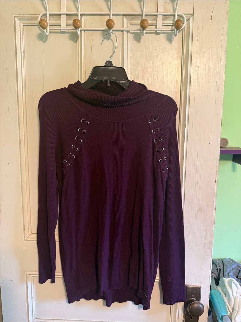 Calvin Klein Deep Plum Cowl Neck Sweater with Lace-Up Eyelets
